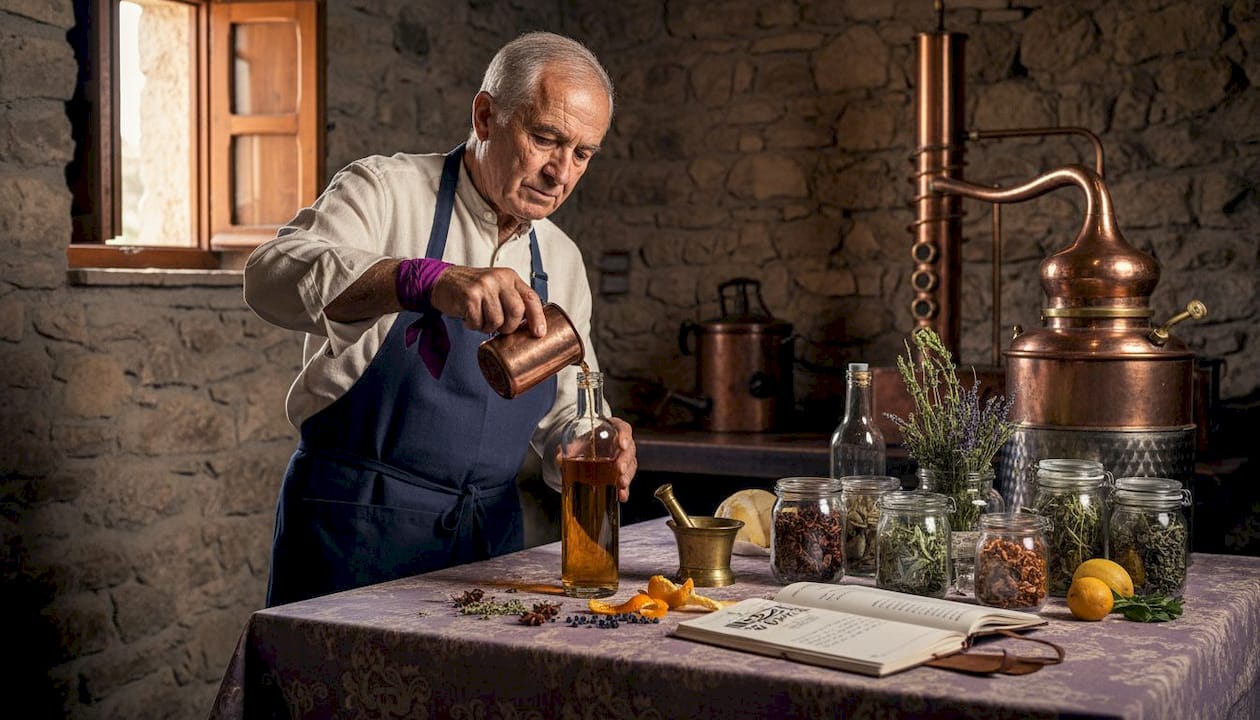 Un mastro distillatore realizza liquori artigianali nel suo laboratorio dal sapore rustico.