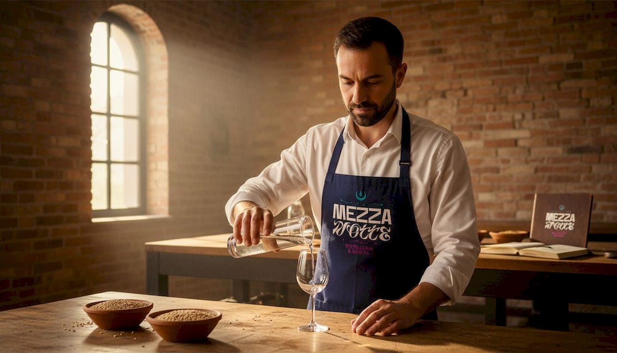 Un mastro distillatore versa un assaggio di vodka nel suo laboratorio dal sapore rustico.
