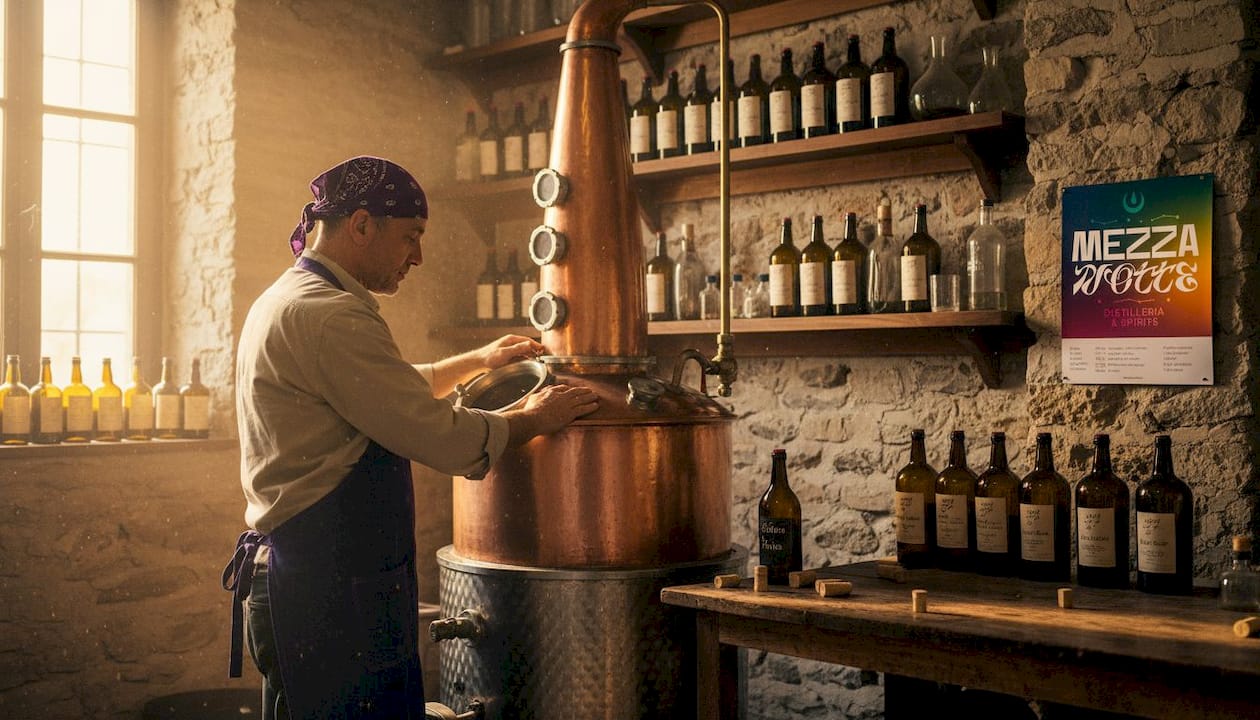 Il mastro distillatore si dedica alla produzione di liquori in una distilleria tradizionale italiana, dove passione e artigianalità si fondono per creare sapori autentici.
