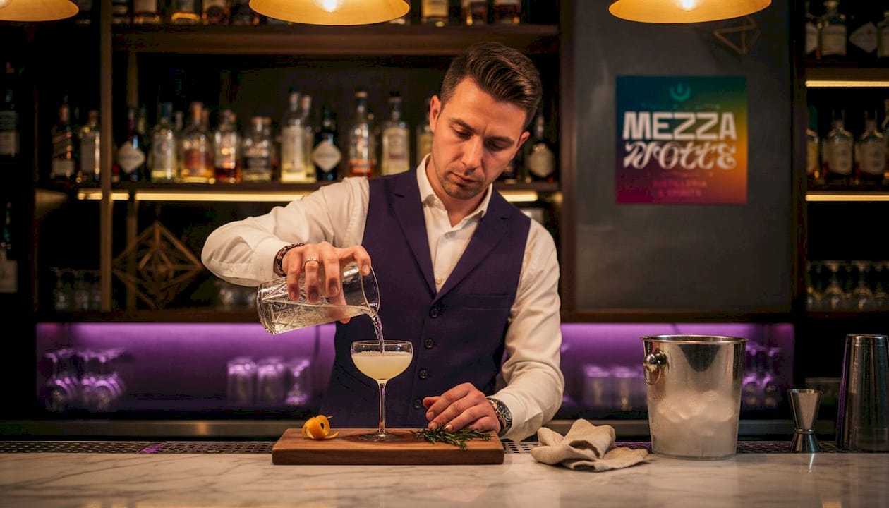 Un barman versa un cocktail, mentre accanto al bicchiere è pronta la decorazione.