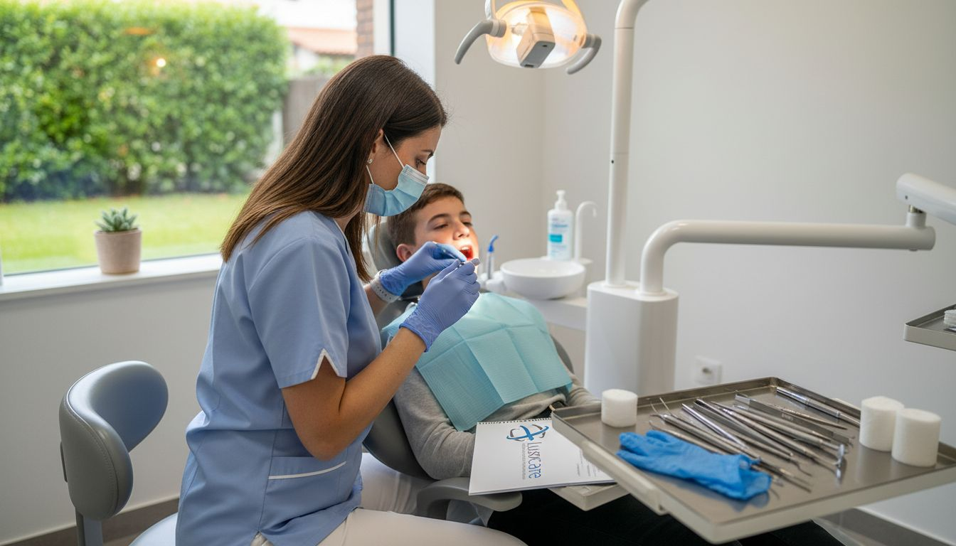 Dentista realiza exame a paciente num consultório moderno e bem equipado.