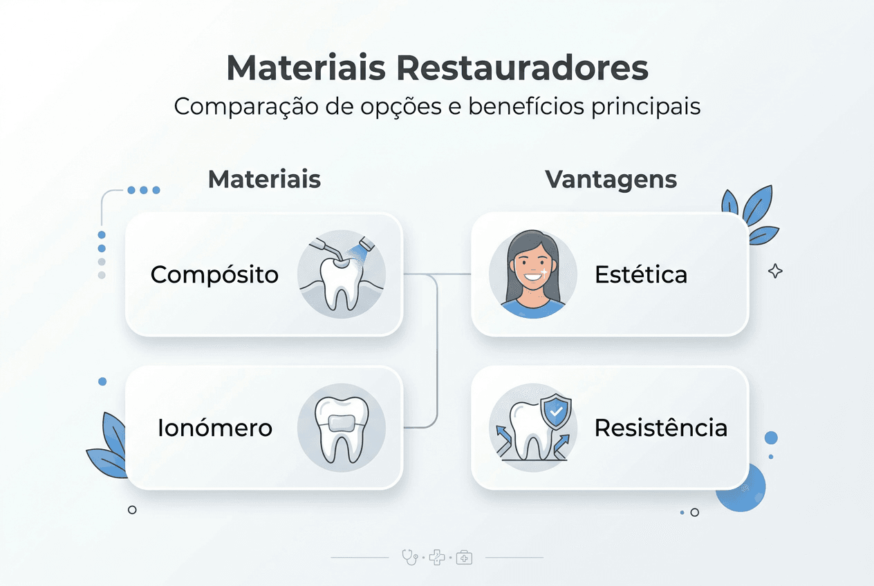 Infográfico sobre tipos de materiais restauradores e as suas principais vantagens