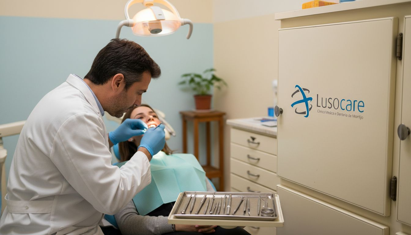 Dentista avalia paciente numa clínica com ambiente realista