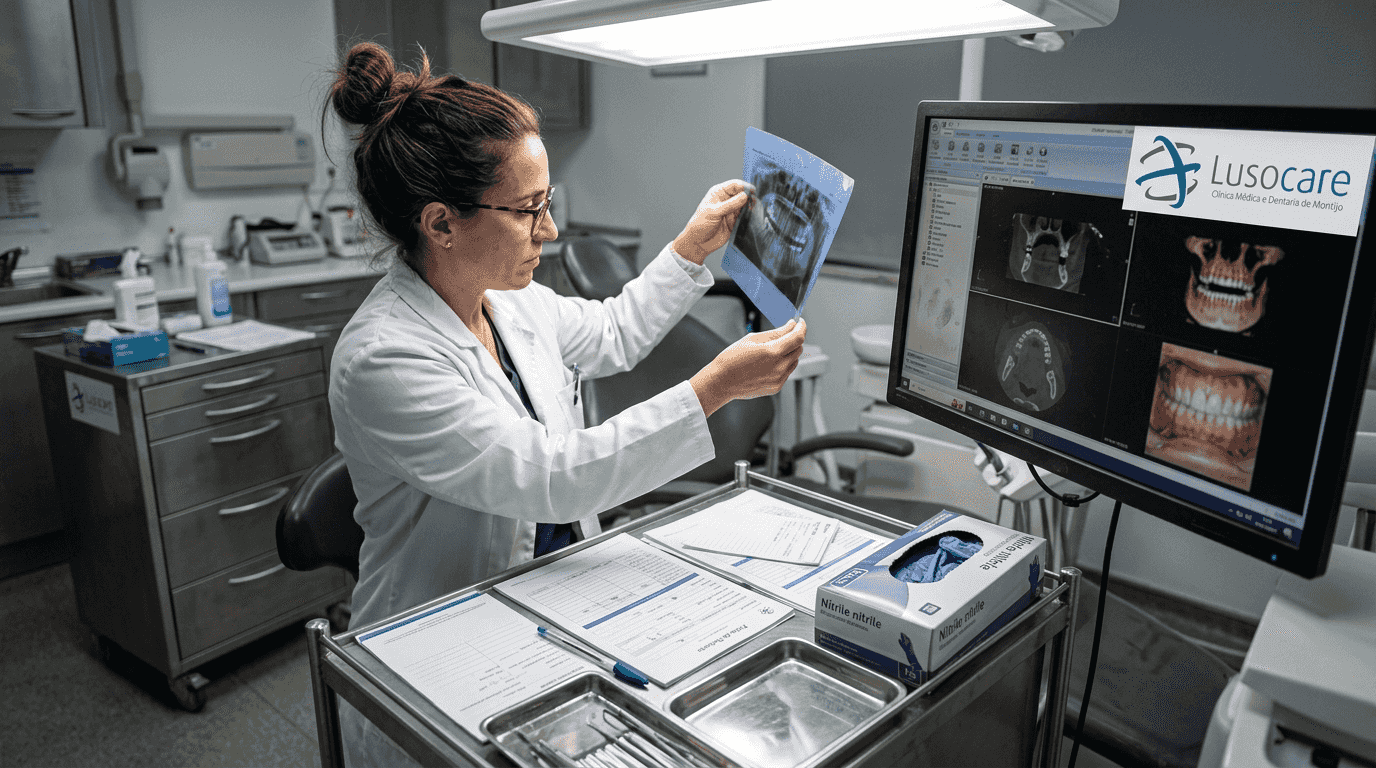 Dentista analisa uma radiografia e verifica os instrumentos dentários