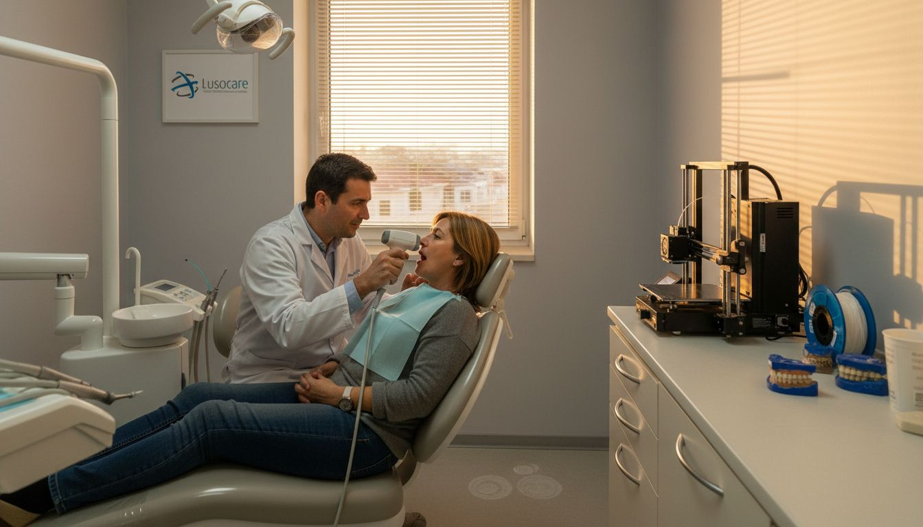 O dentista realiza um escaneamento intraoral ao paciente.