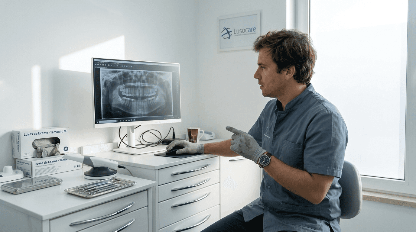 Numa clínica moderna, o dentista observa atentamente uma radiografia digital.
