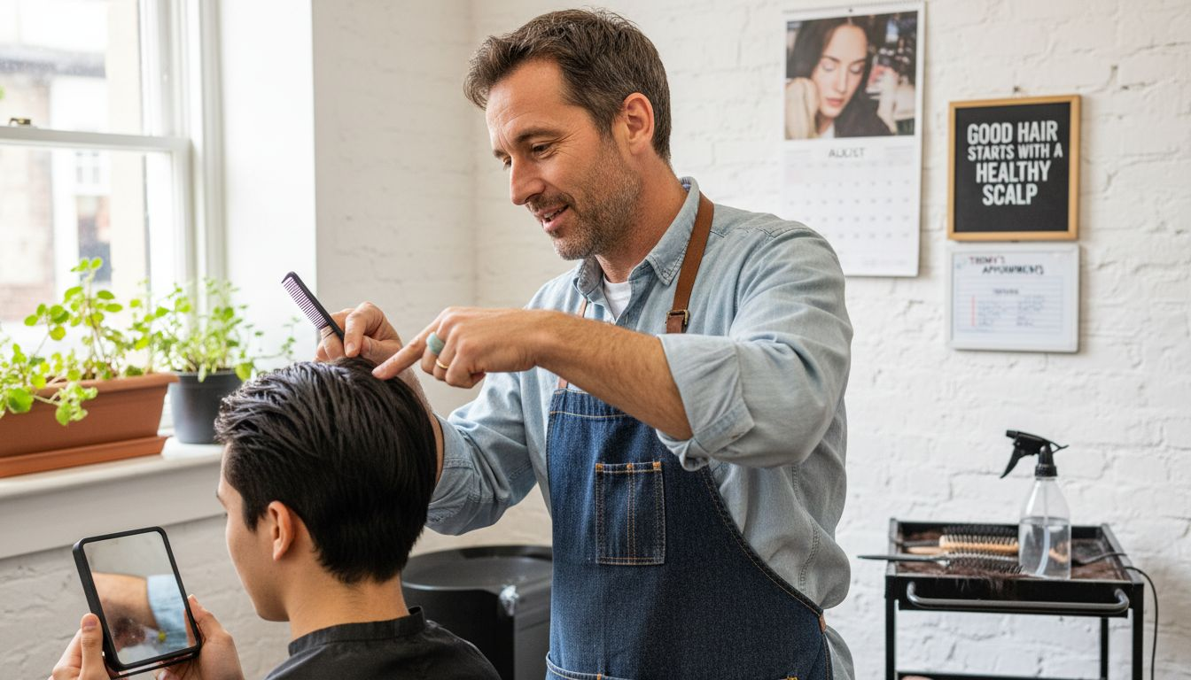 Hairdresser demonstrates scalp care technique