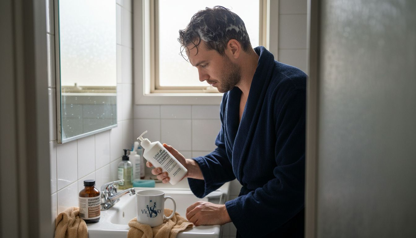 Man checking shampoo label for scalp health