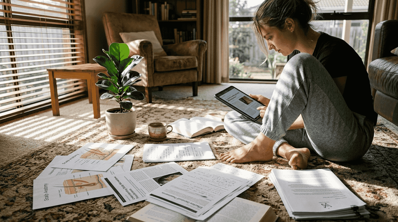 Woman researching scalp health with diagrams at home