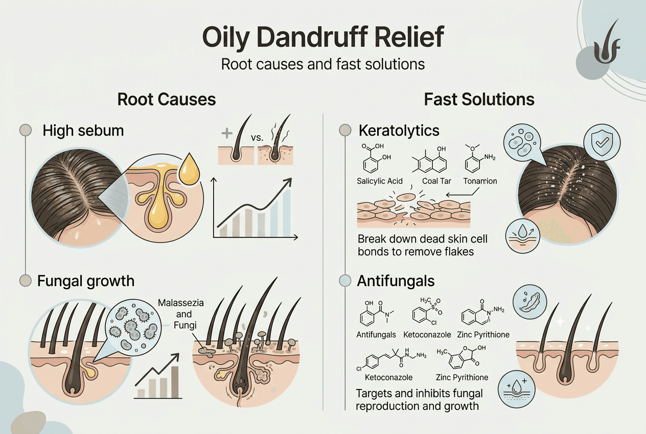 Infographic on causes and solutions for oily dandruff