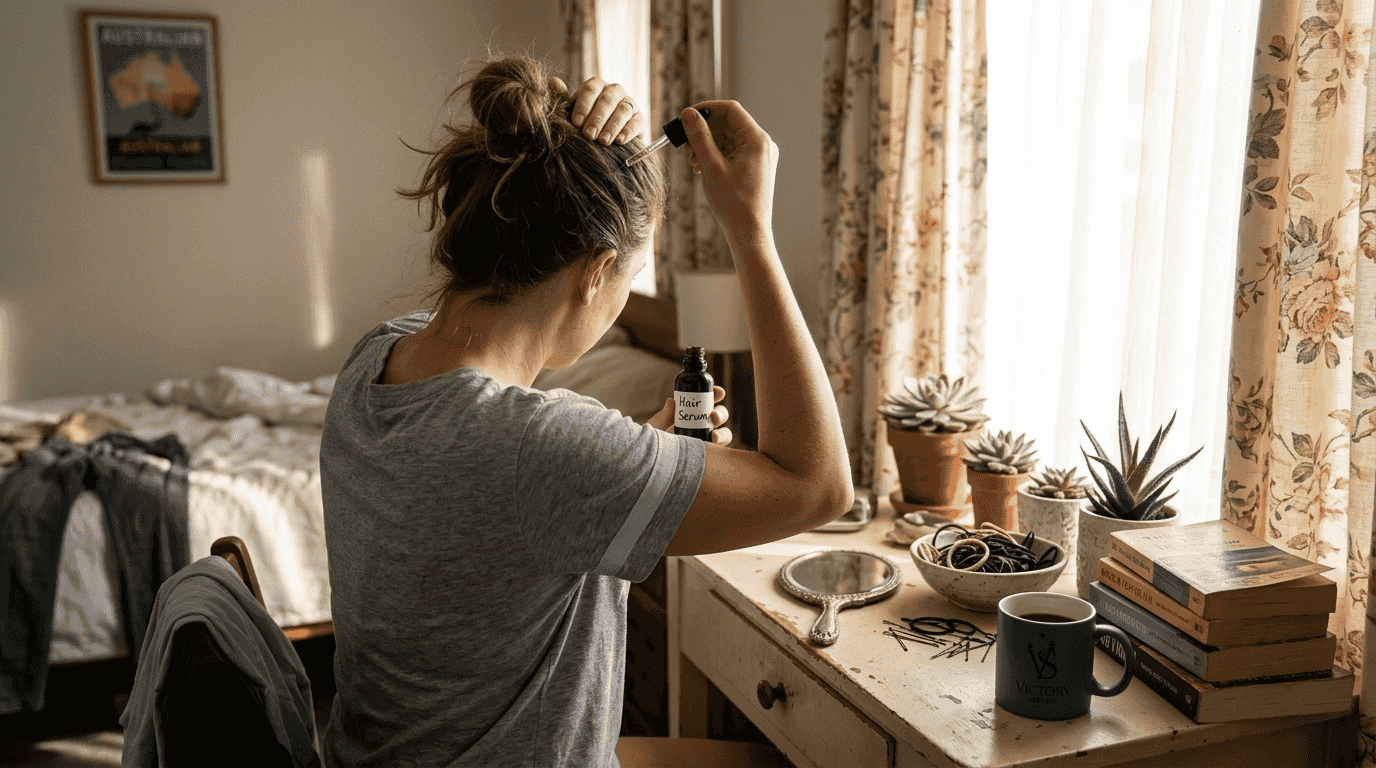 Woman applying scalp serum beside vanity