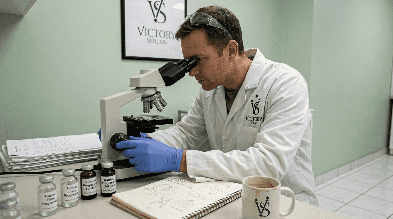 Scientist researching scalp serum in laboratory