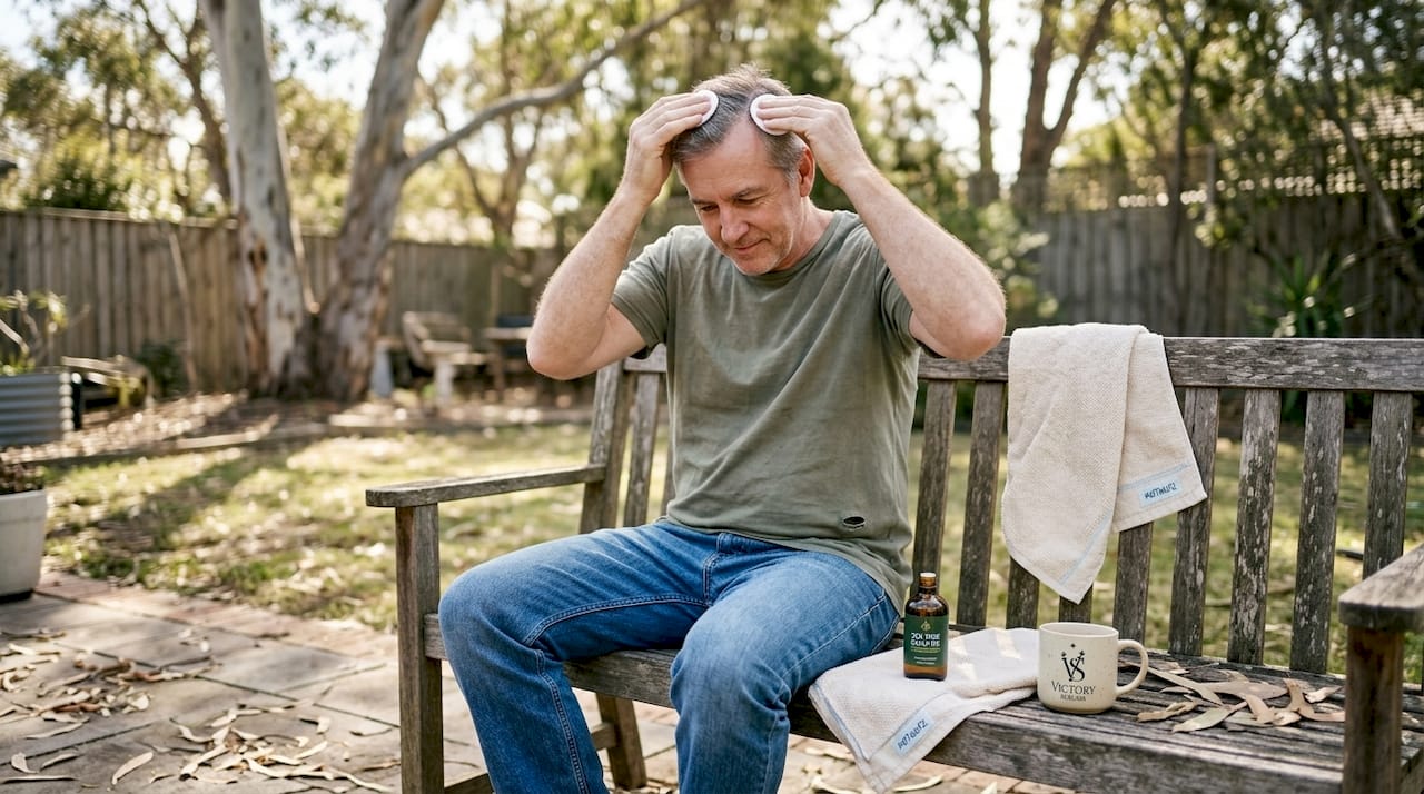 Man applying tea tree oil to scalp outdoors