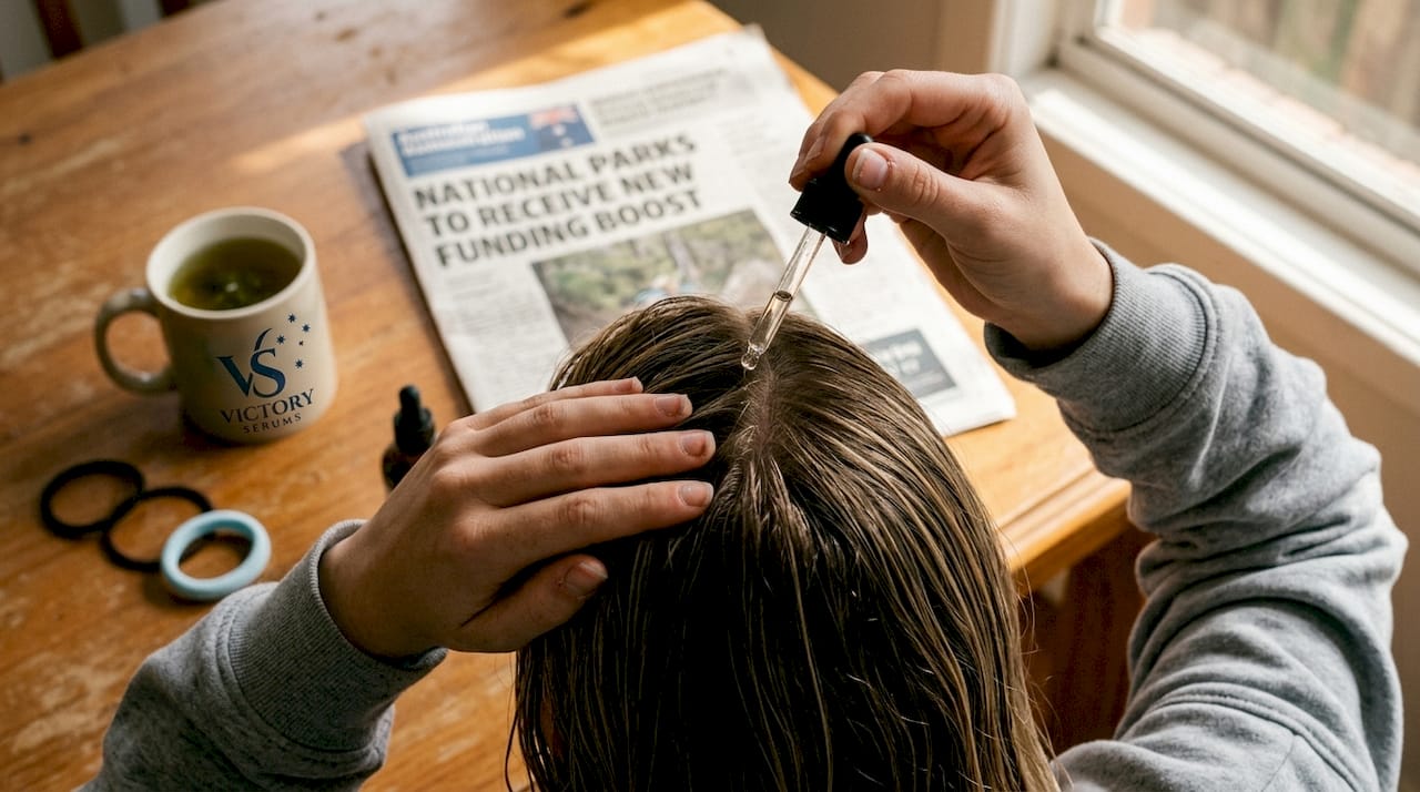 Hands applying scalp serum on kitchen table