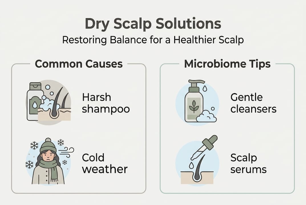 Infographic summarizing dry scalp solutions and causes