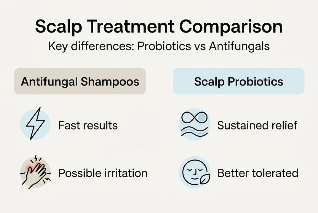 Infographic comparing scalp probiotics and antifungal shampoos