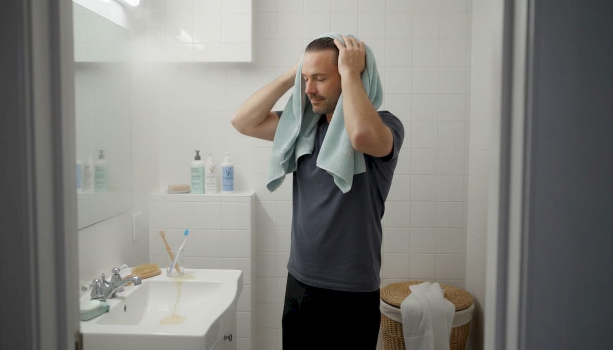 Man towel dries hair in simple bathroom