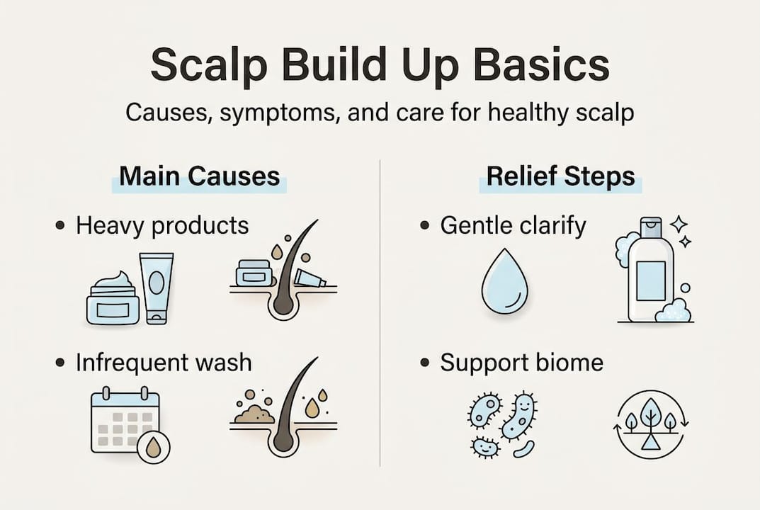 Infographic showing causes and relief for scalp build up
