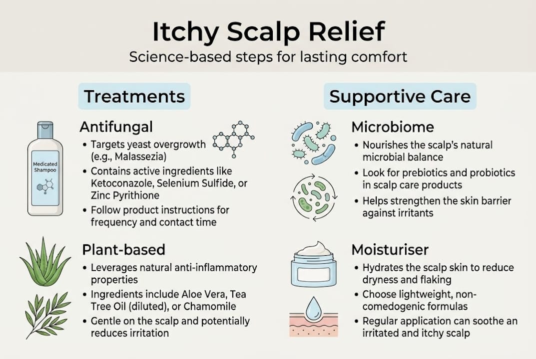 Infographic showing itchy scalp relief options
