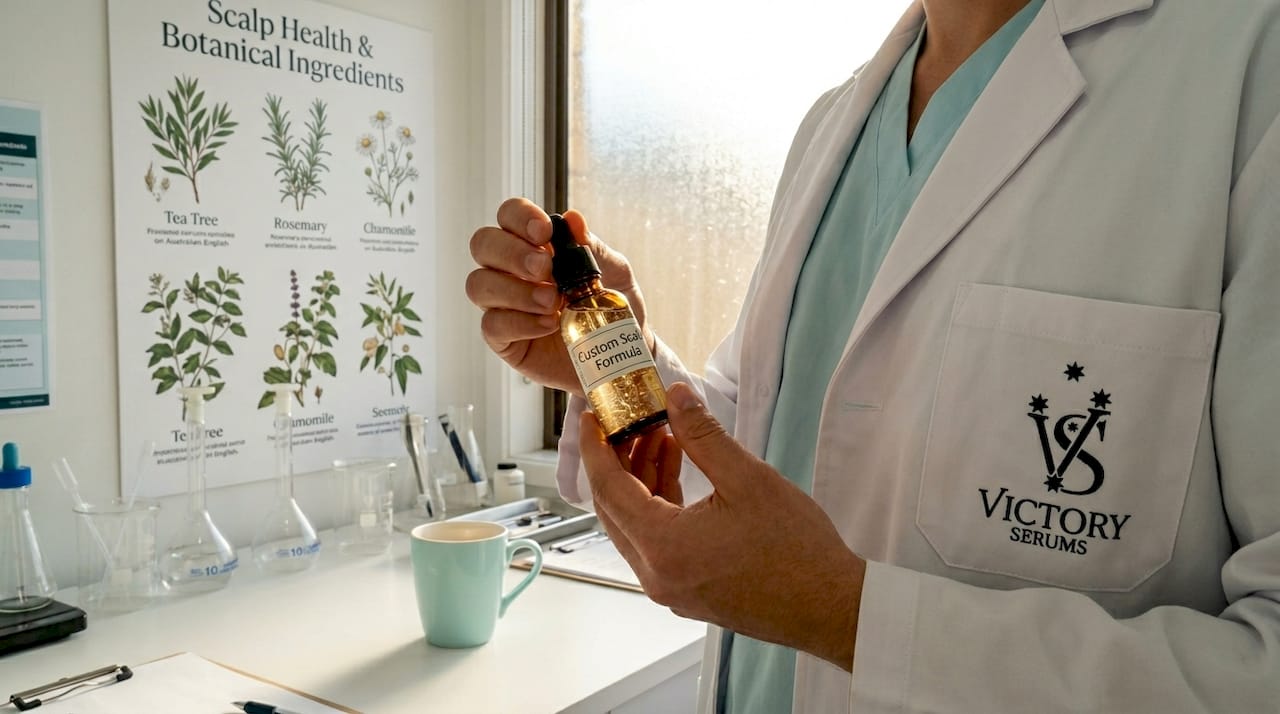 Close-up of pharmacist holding custom scalp serum