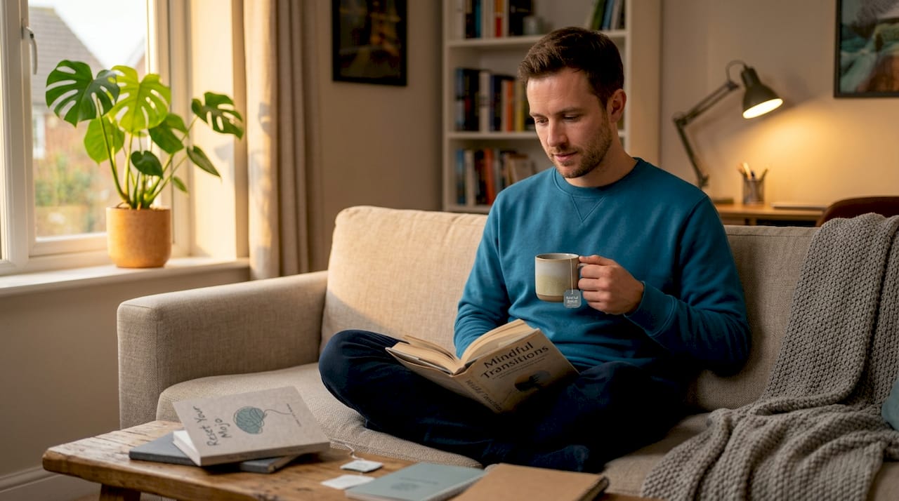 Man reading on sofa in sunny living room