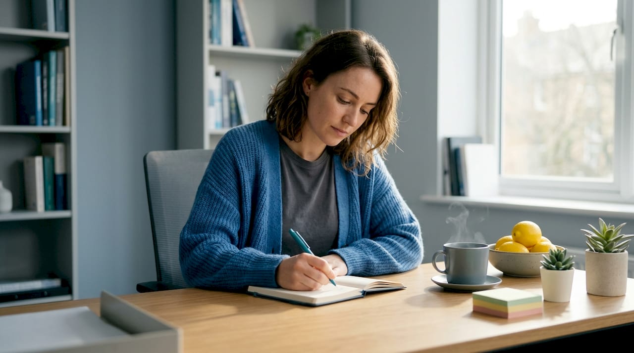 Woman journaling at sunlit kitchen table