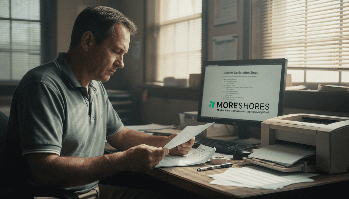 Clerk reviewing customs declaration paperwork