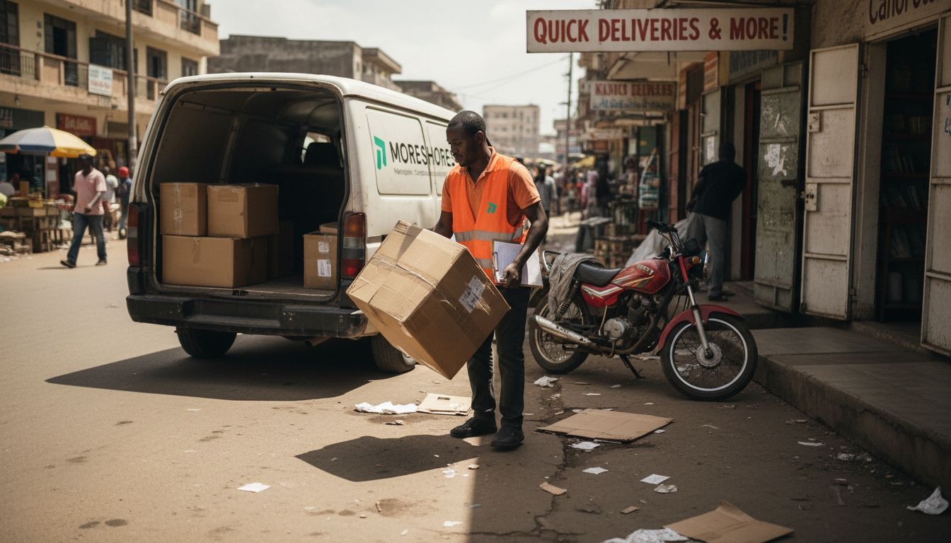 Courier unloads packages at Nairobi storefront