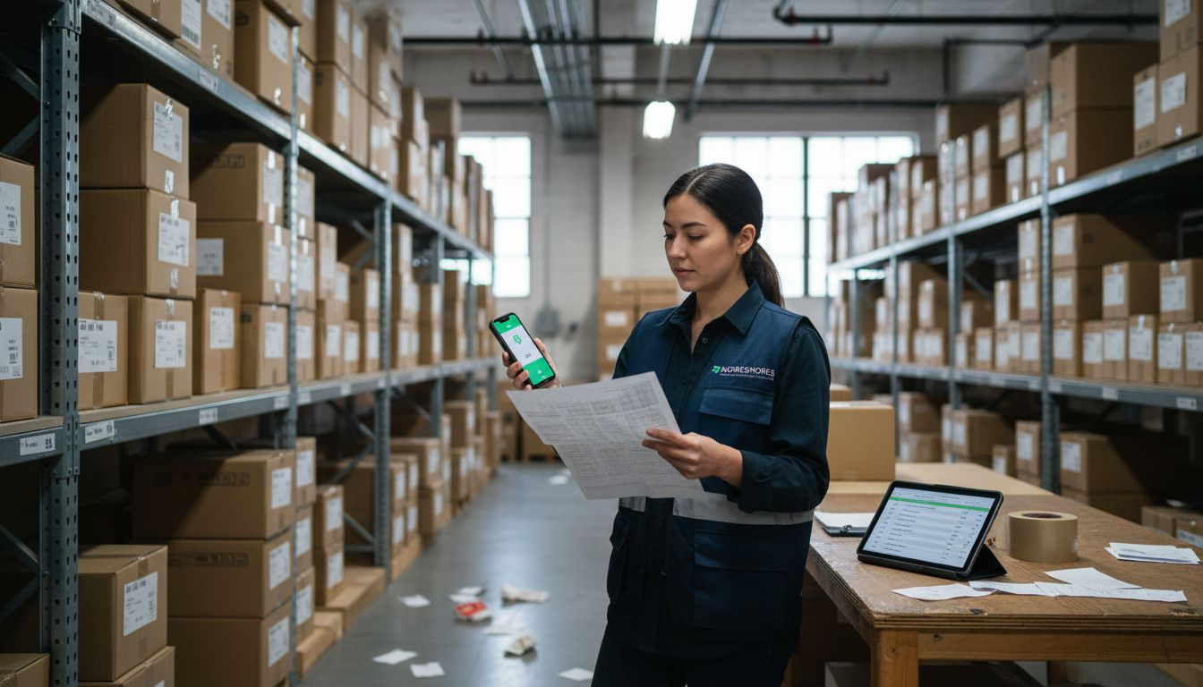 Worker scanning products for inventory sync