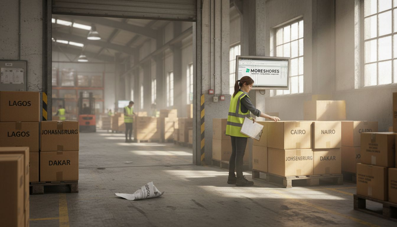 Warehouse worker sorting African delivery boxes