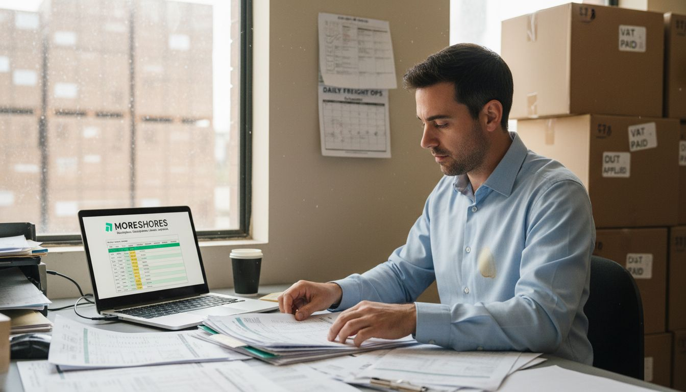 Coordinator sorting customs forms in warehouse