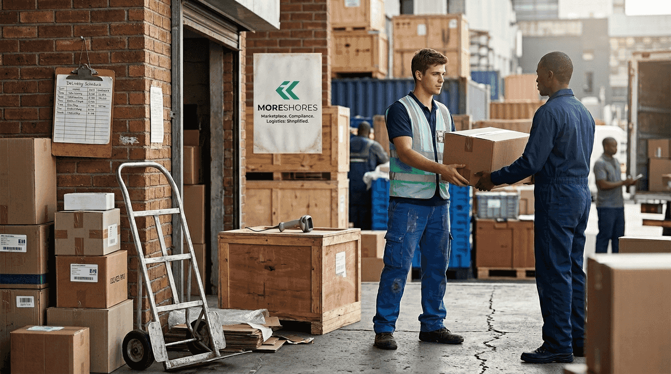 Warehouse worker handing package to courier