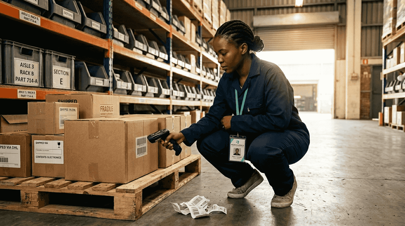 Worker scanning barcode with handheld device