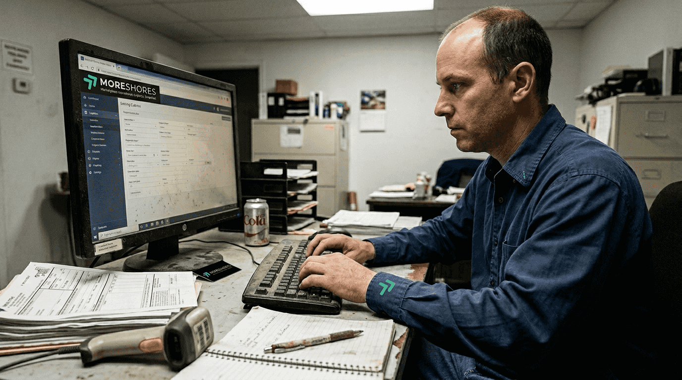 Shipping coordinator automating customs paperwork at desk