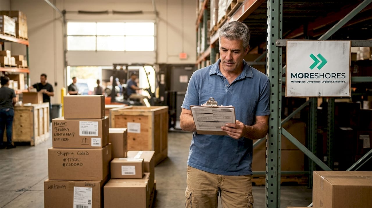 Logistics specialist checks paperwork in warehouse