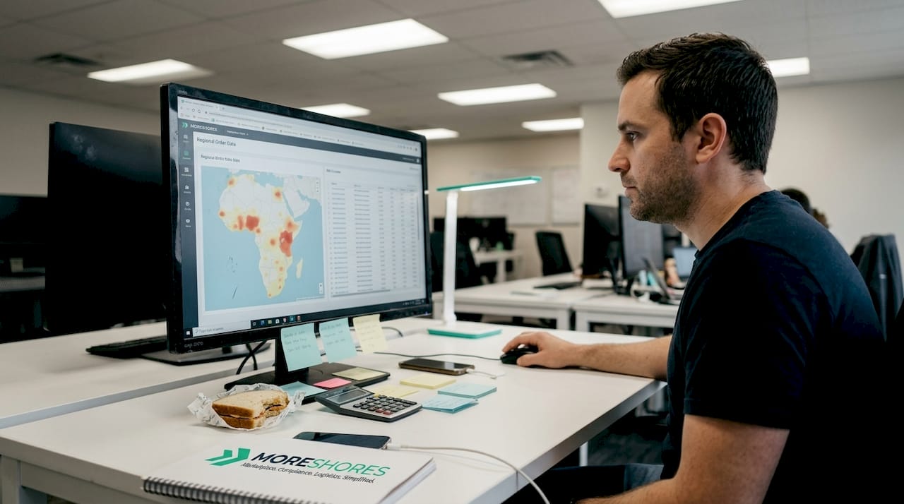 Analyst reviewing Africa order data on monitor