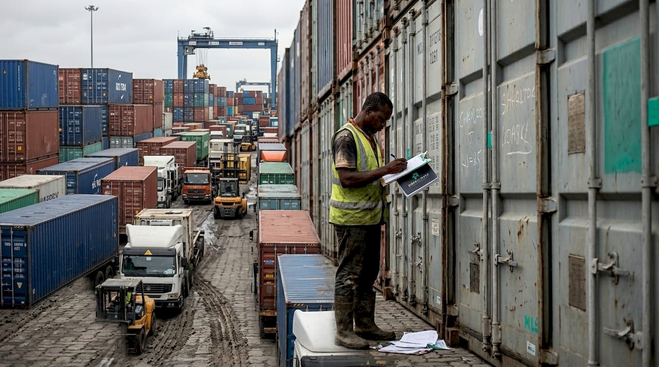Dockworker at congested African shipping port