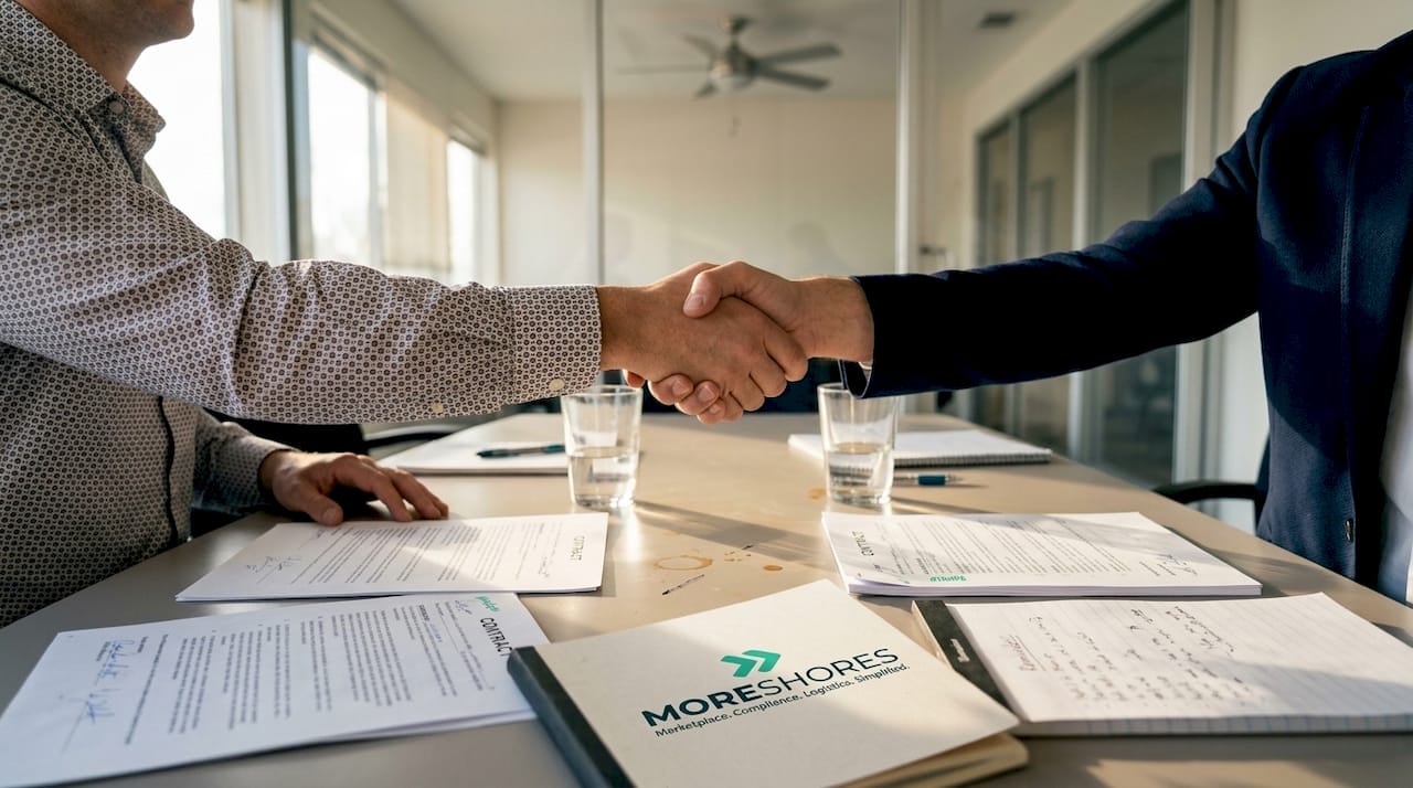 Partners shaking hands over business documents