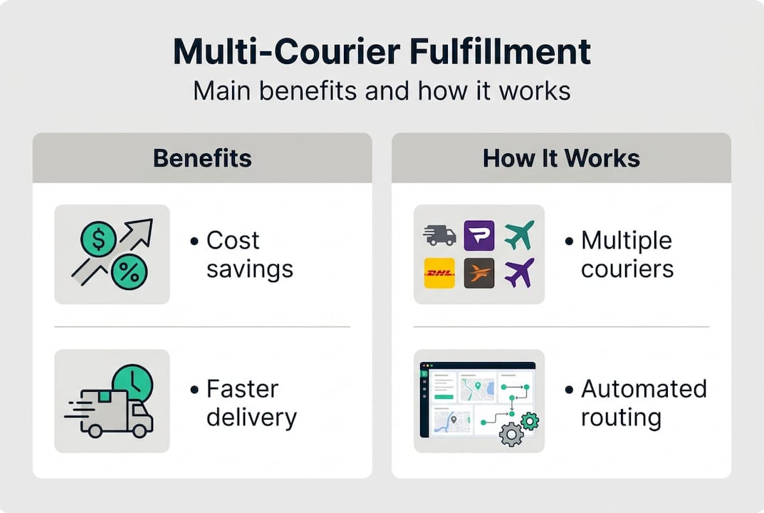 Infographic on key benefits and workflow of multi-courier fulfillment