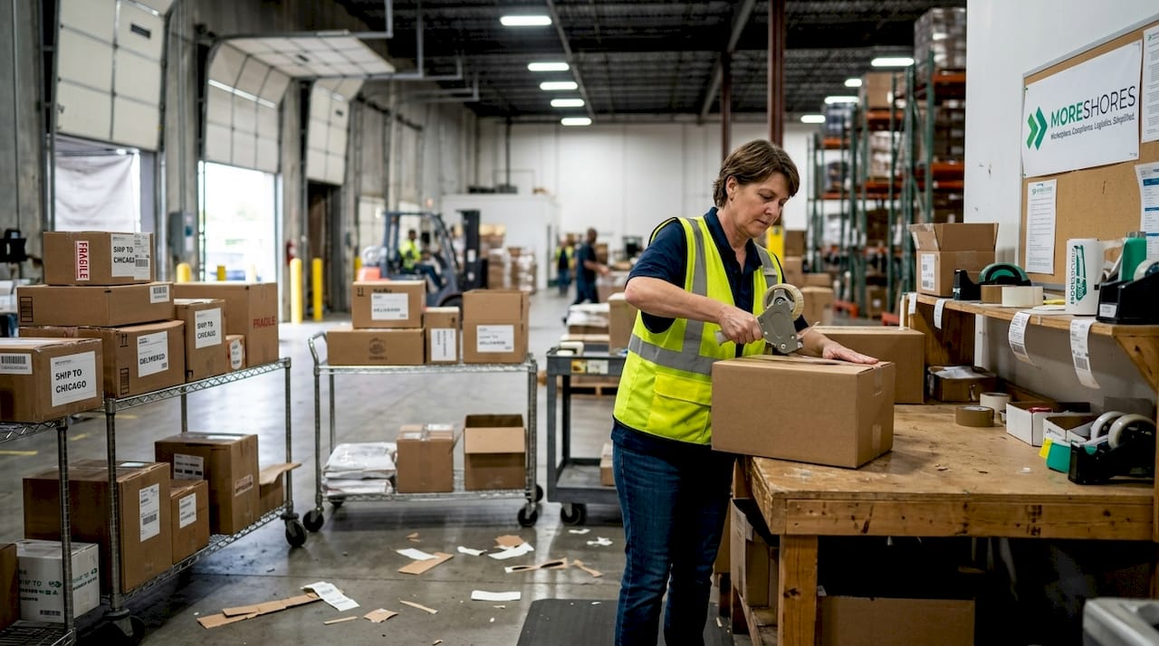 Worker sealing box in busy warehouse for export