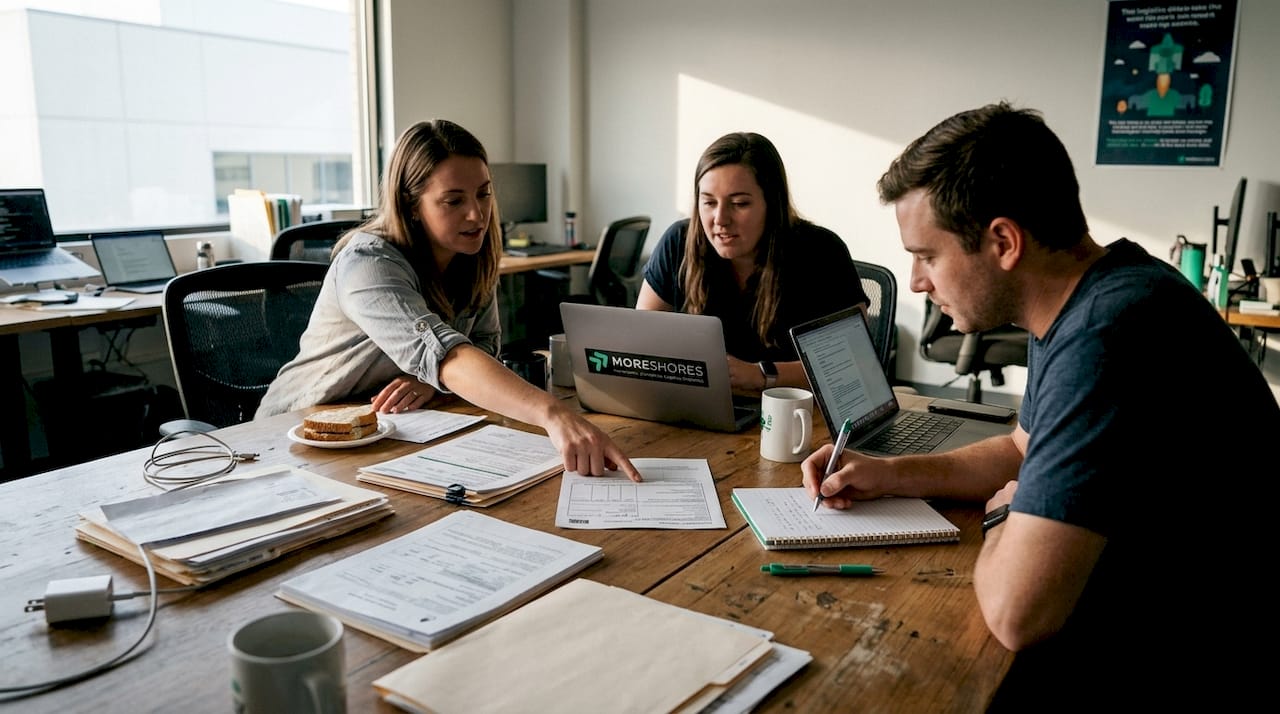 Team discussing international logistics documents