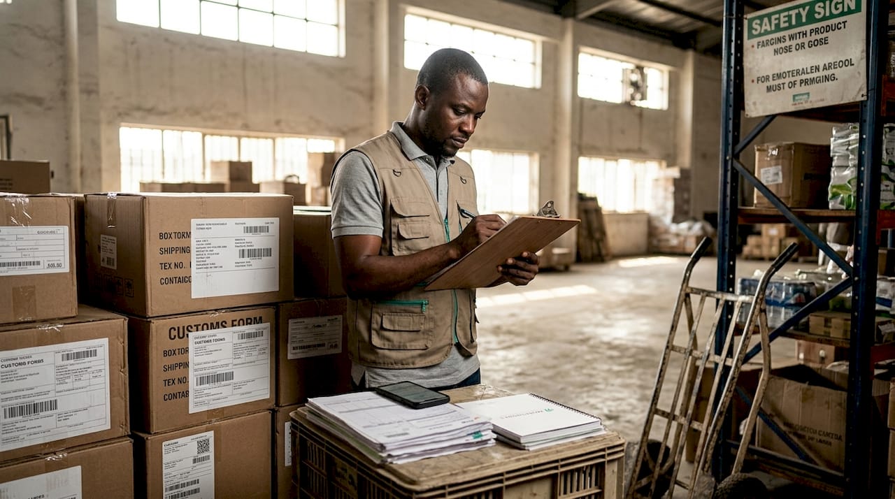 Warehouse manager reviewing inventory in Africa