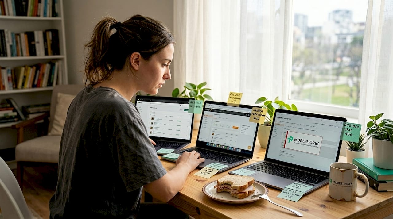 Woman syncing e-commerce inventory on laptops