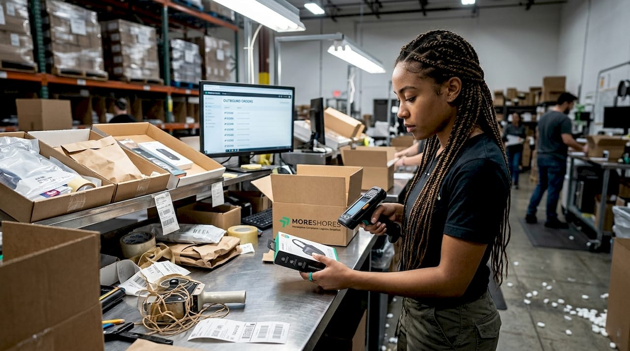 Warehouse worker using scanner in automation process