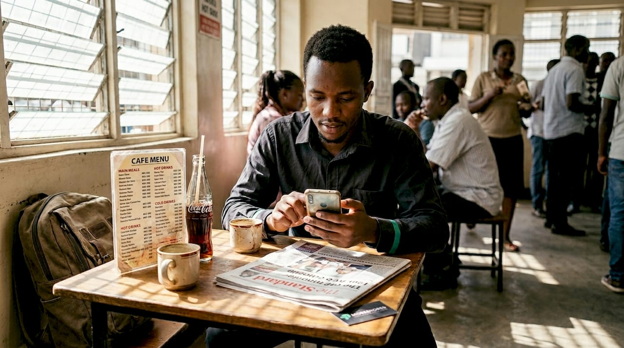 Customer uses mobile money at Nairobi café