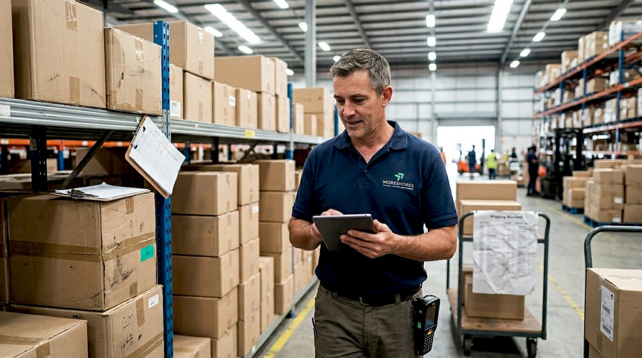 Manager reviewing inventory at Takealot warehouse