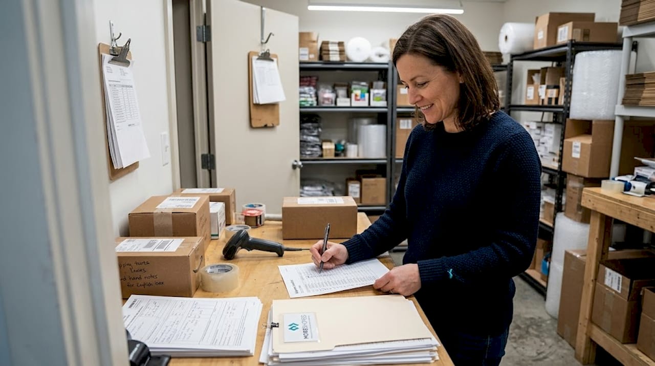 Woman checking shipment paperwork in logistics room
