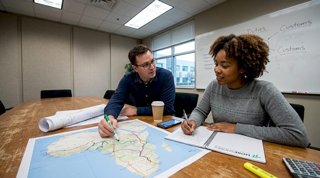 Team analyzing African supply chain map