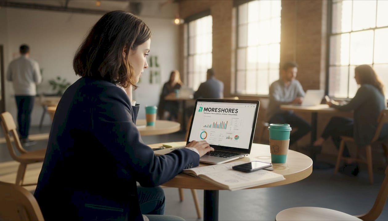 Professional reviewing digital global expansion dashboard