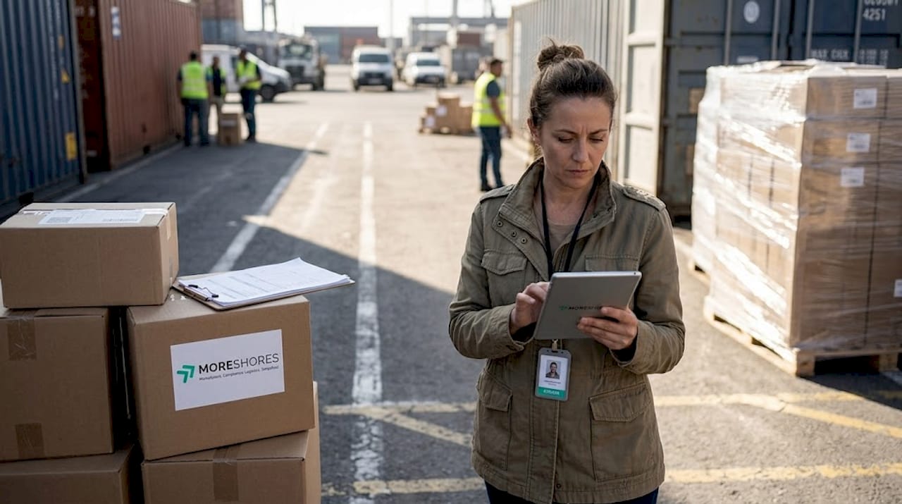 Compliance specialist scans documents at African port